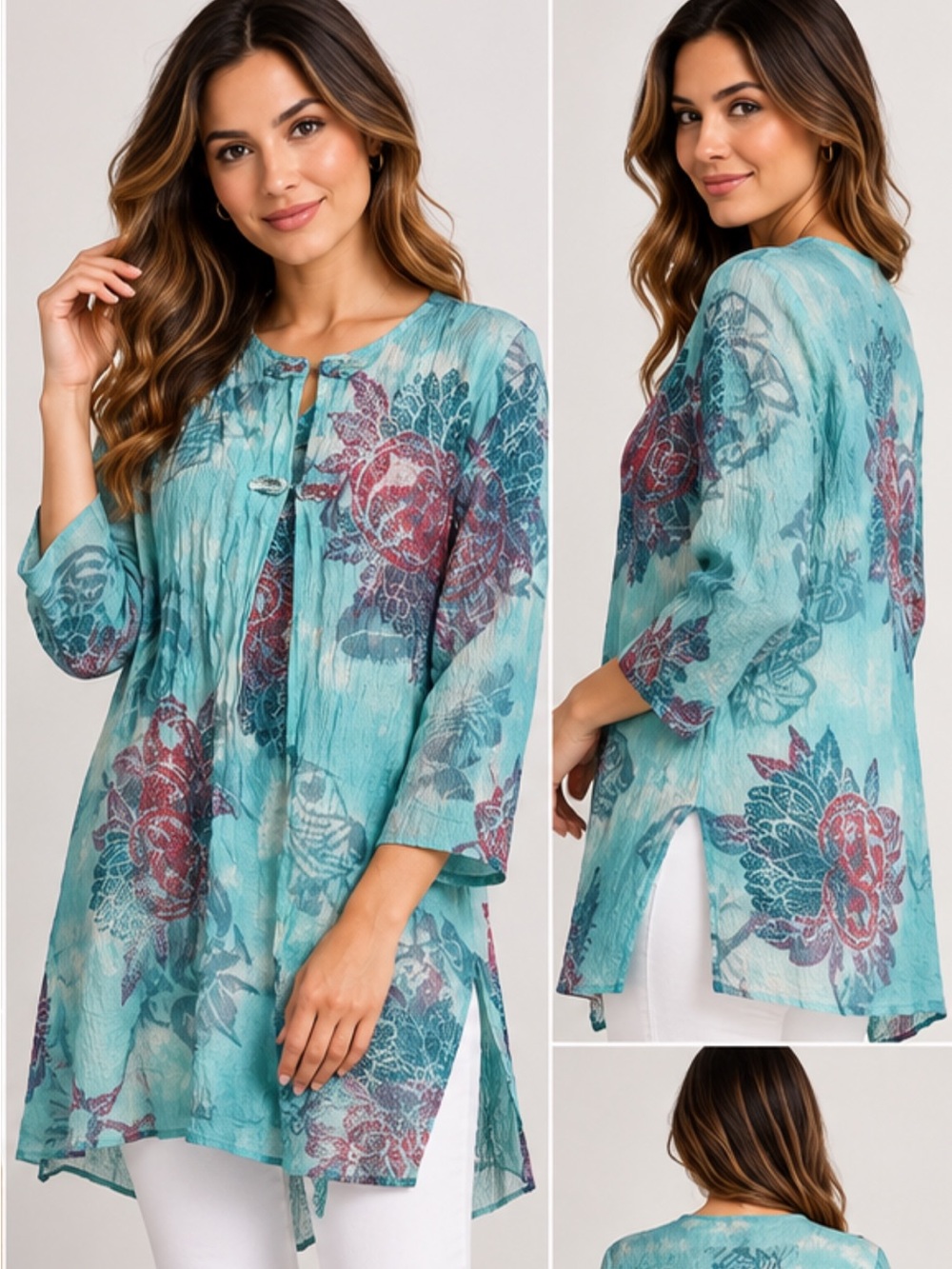 Citron slilk Aqua and Magenta Floral Long Sleeve Tunic size 3x